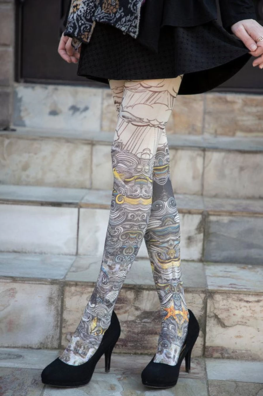 Marie Antoilette Sous Le Vent Floral Printed Tights - Elegant Fashion Leggings for Women