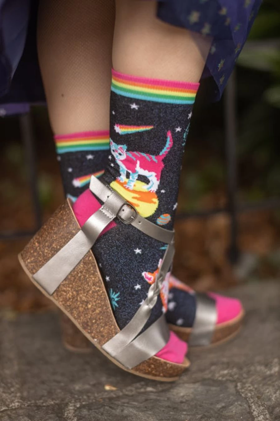 "Sock It To Me Space Cat Crew Socks - Fun and Unique Cat-Themed Design"