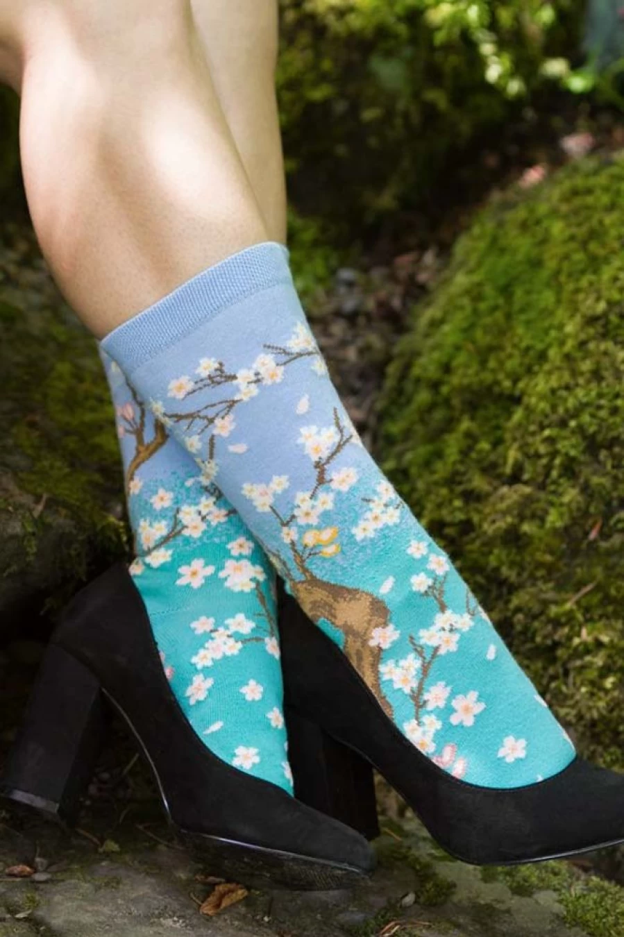 Ozone Women's Spring Cherry Blossom Print Mid-Calf Socks