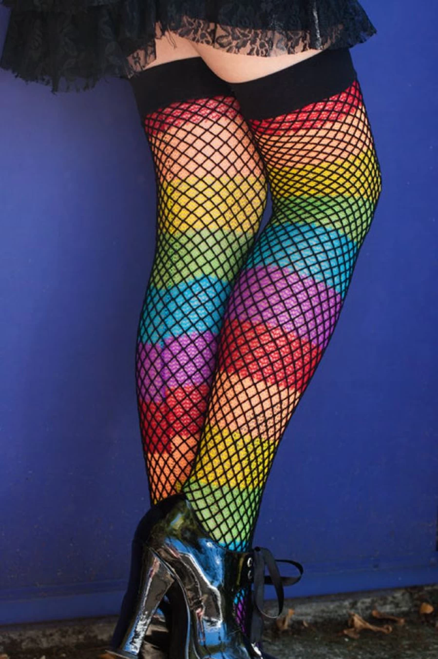 Leg Avenue Rainbow Fishnet Thigh High Stockings with Overlay Design