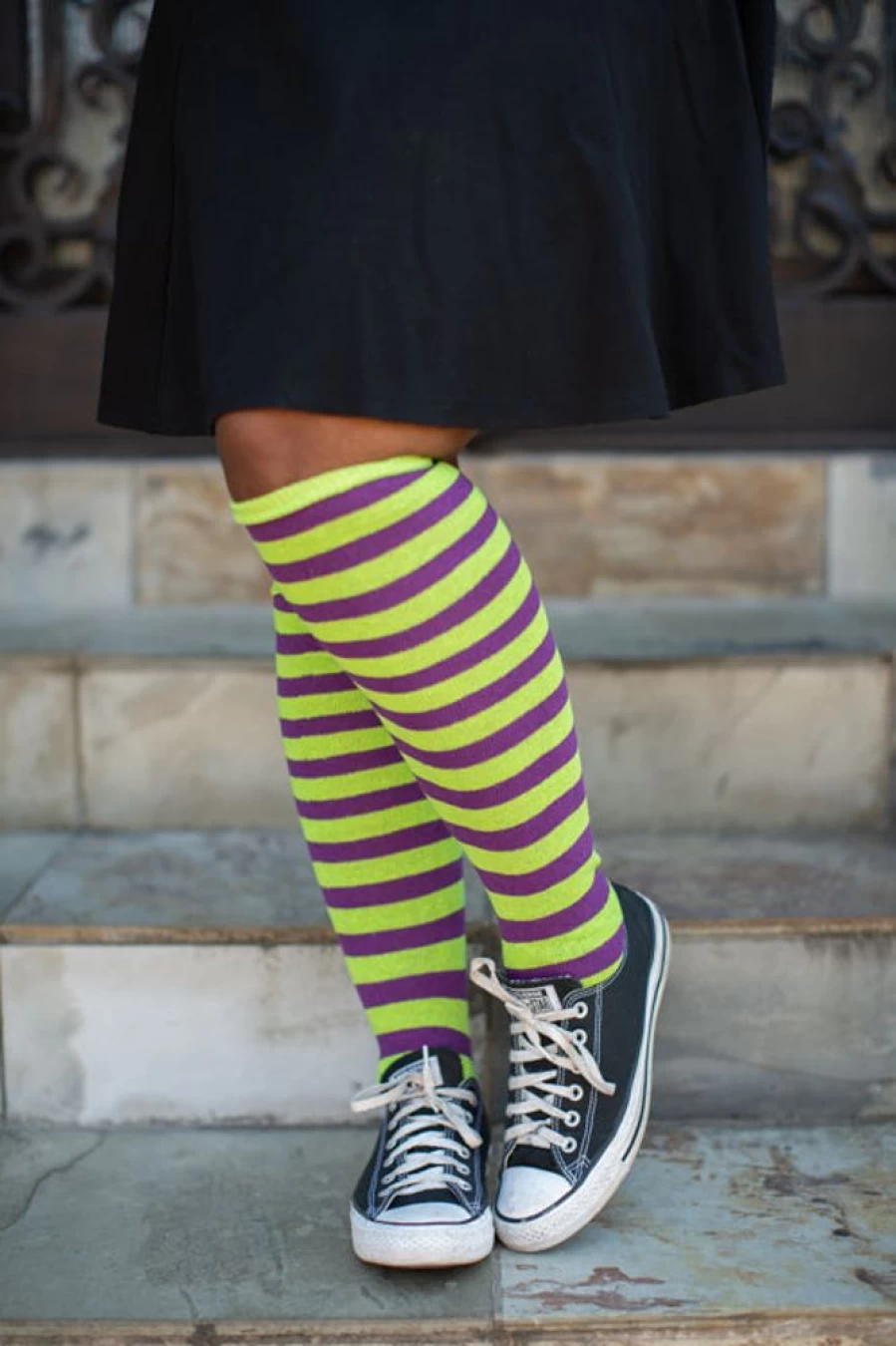 DreaM Stockings Lime & Purple Striped Knee-High Socks - Bold Striped Pattern