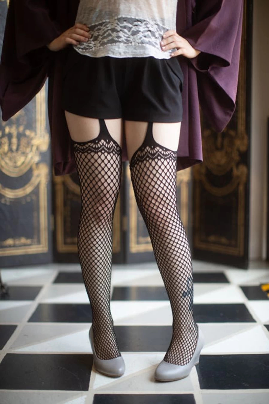 Leg Avenue Scalloped Lace Garter Stockings with Strappy Detachable Top for Women