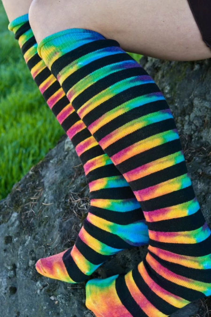 "Love Lite Precision Tie Dye Striped Knee-High Socks – Colorful Hand-Dyed Fashion"