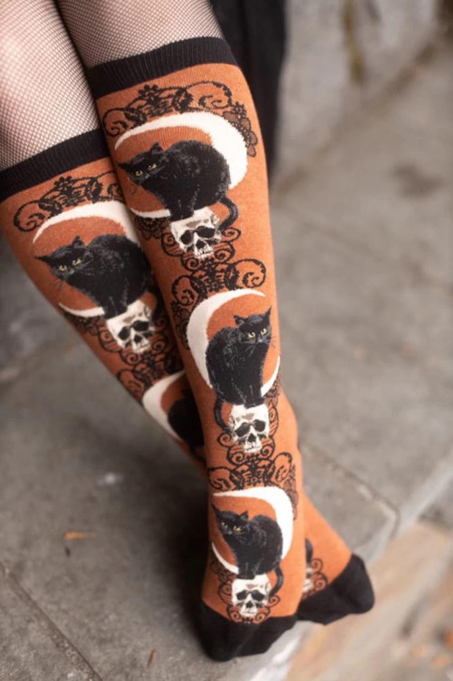 Mod Sock Black Cat & Moon Design Knee High Socks for Women - Gothic Halloween Stockings