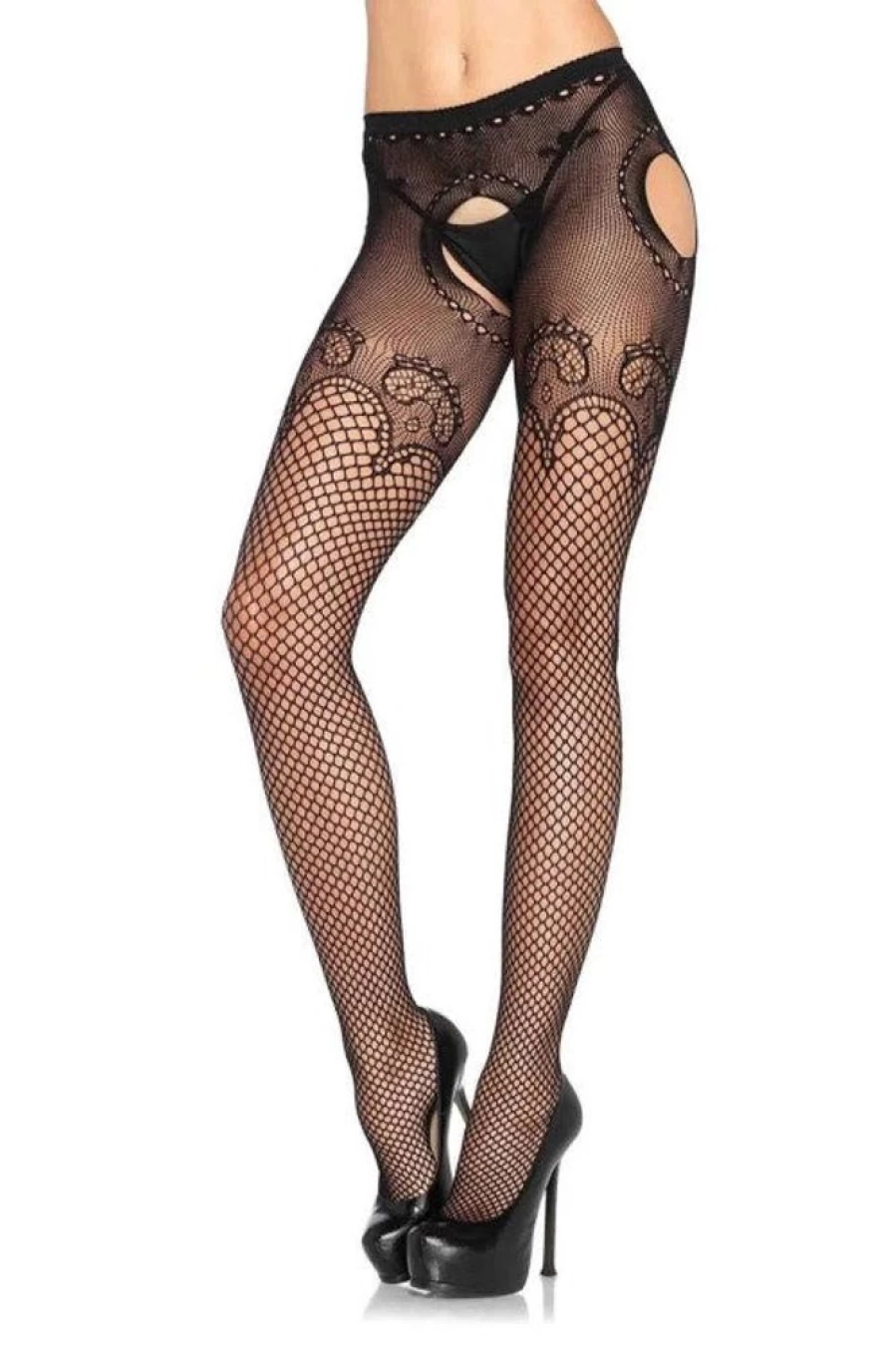 Leg Avenue Duchess Lace Top Industrial Net Suspender Tights for Women - Gothic Fishnet Stockings with Strappy Design