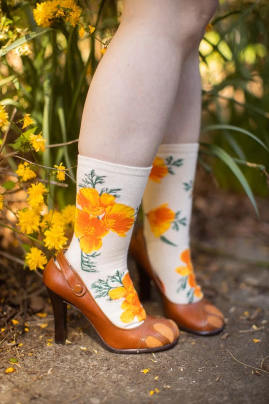 Mod Sock California Poppy Crew Socks - Colorful Floral Print Unisex Comfortable Casual Socks
