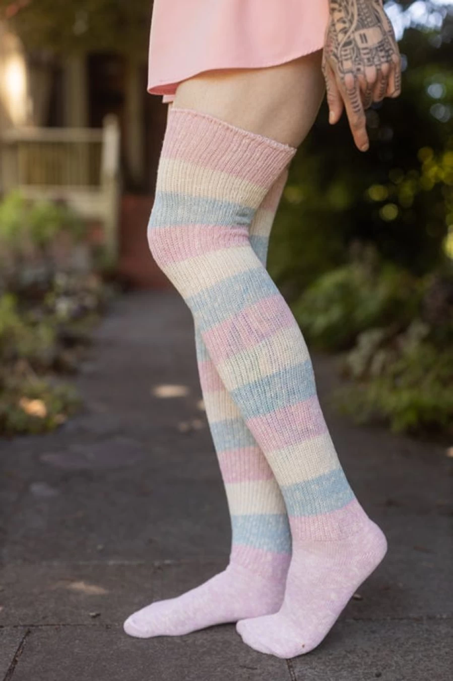 DreaM Stockings Marled Cotton Candy Striped Thigh High Socks - Soft Striped Knee-High Stockings for Women