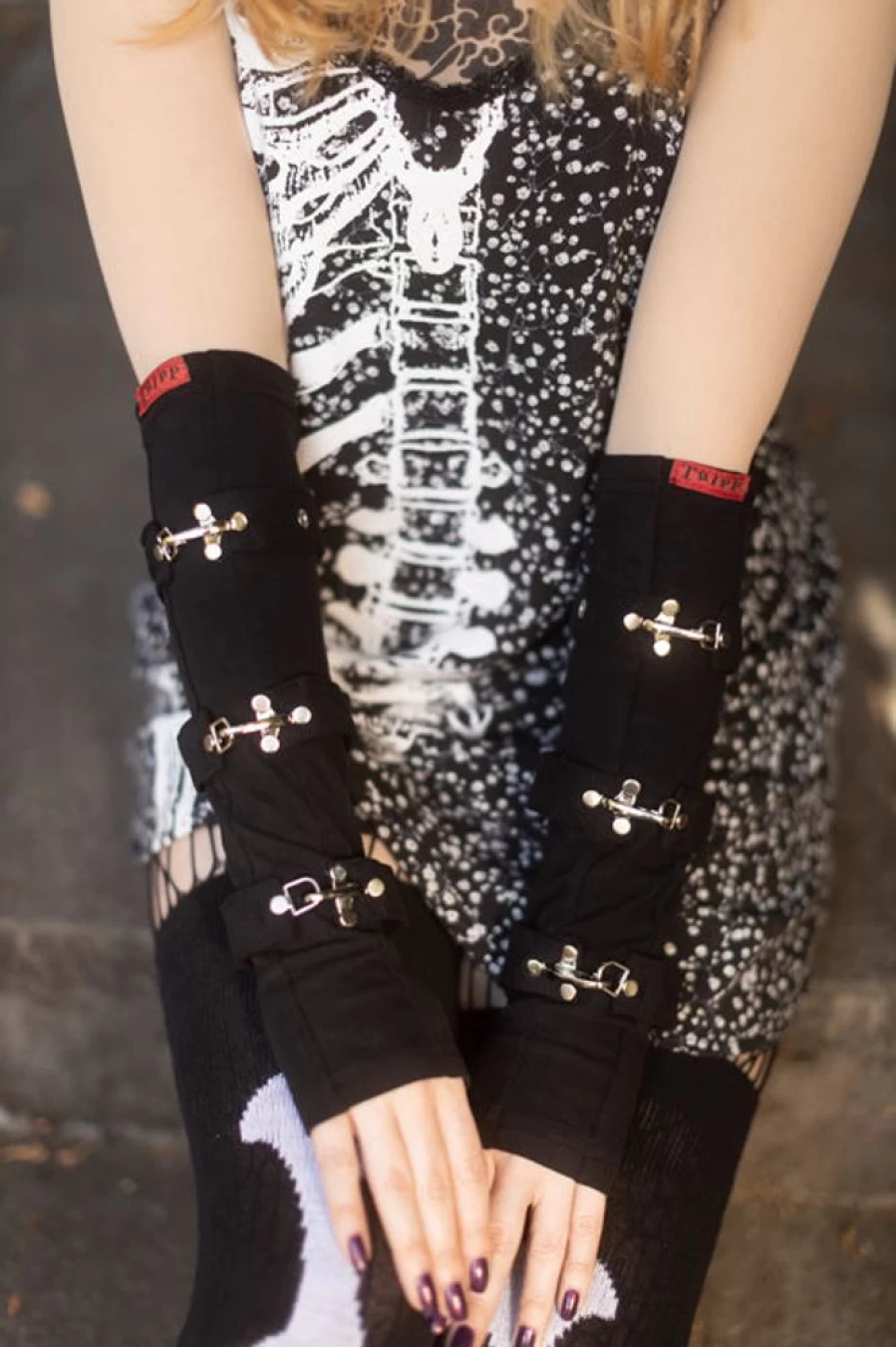 Tripp NYC Gothic Arm Warmers with Metal Clips - Punk Fingerless Gloves for Women & Men