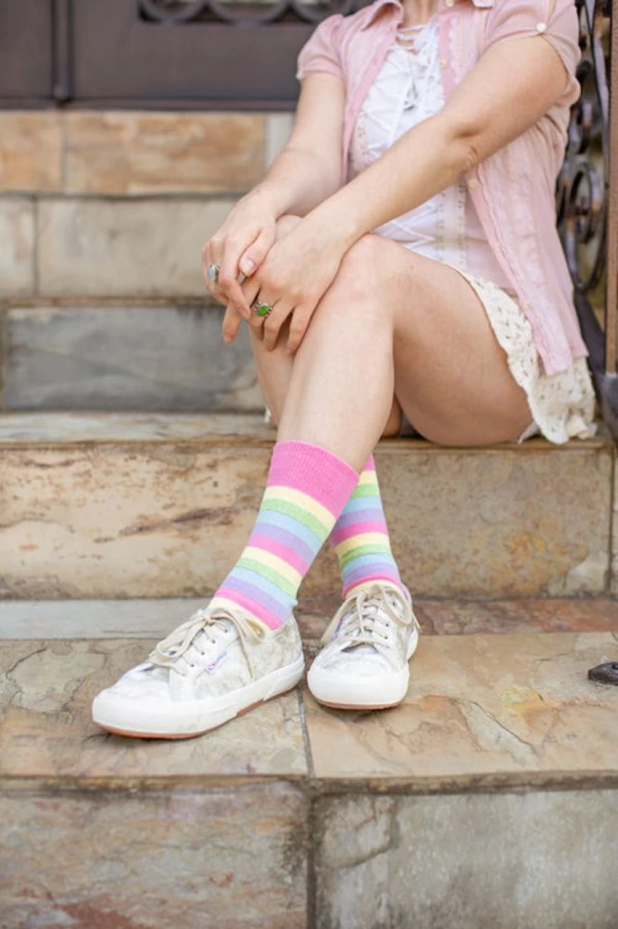 Dreamer Socks Pastel Rainbow Candy Color Striped Crew Socks for Women and Men