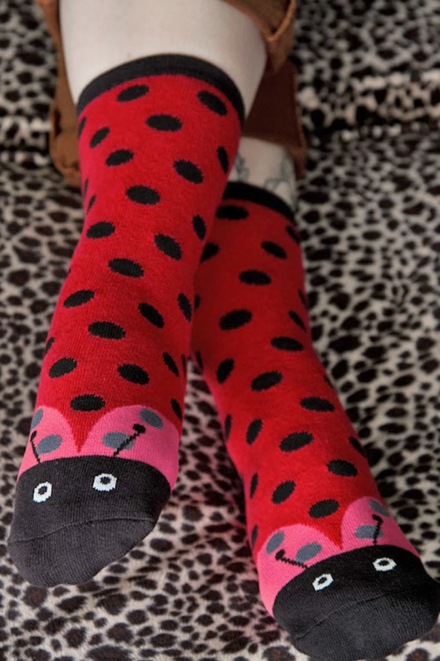 Foot Traffic Ladybug Print Cozy Slipper Socks for Women - Non-Slip Comfort House Shoes