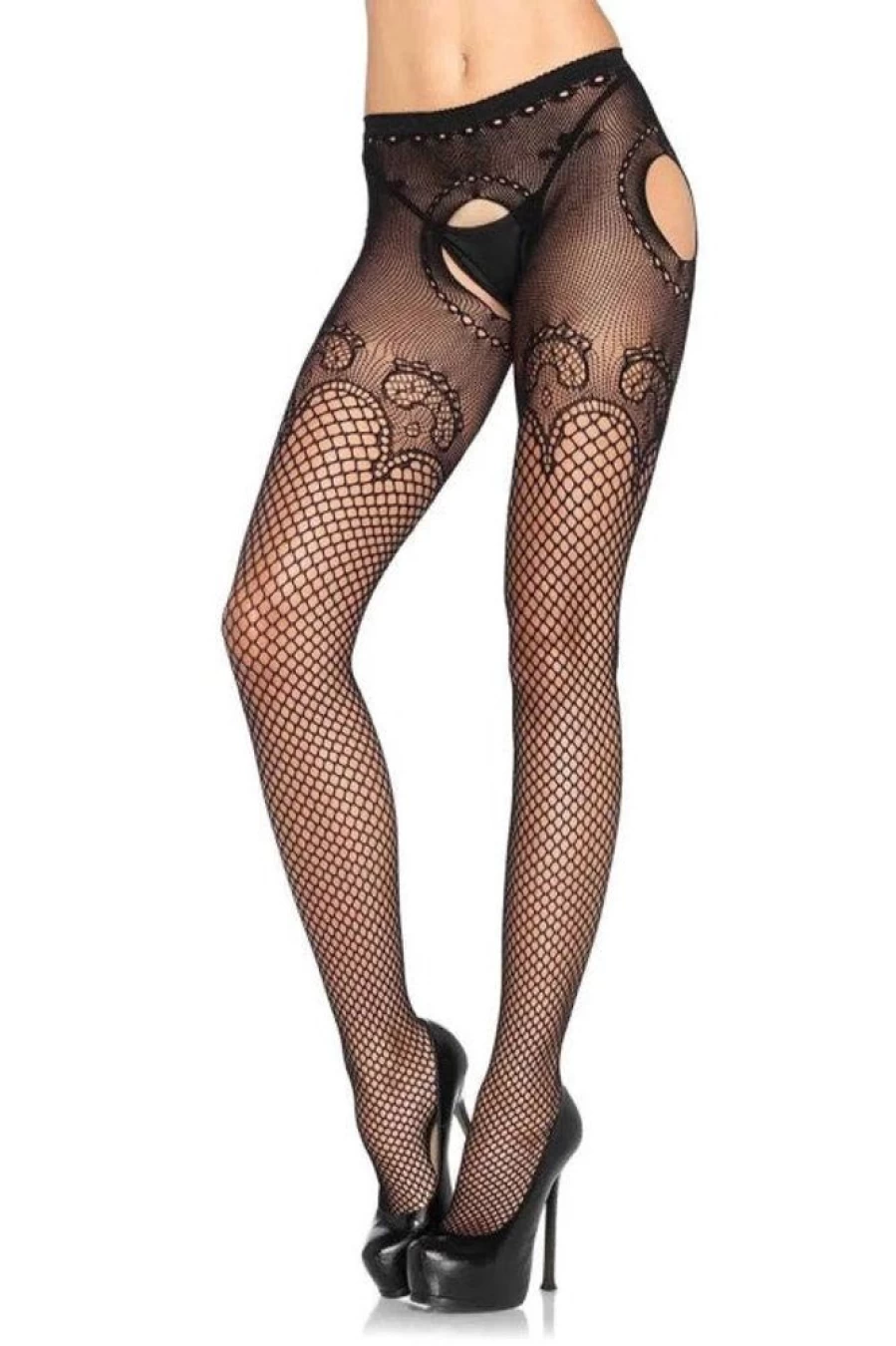 Leg Avenue Duchess Lace Top Industrial Net Suspender Tights for Women - Gothic Fishnet Stockings with Strappy Design