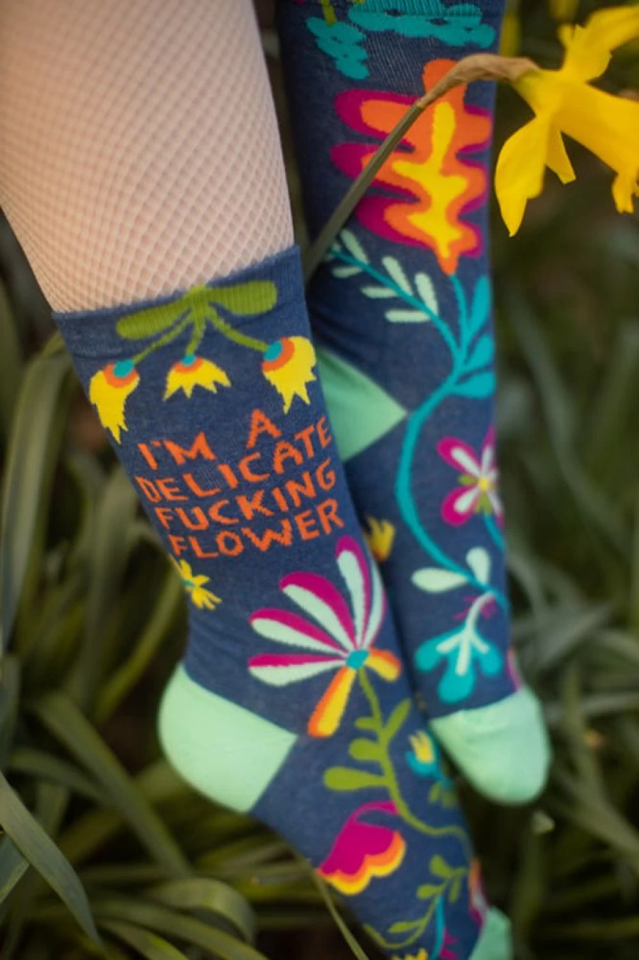 "BlueQ Delicate Flower Crew Socks - Whimsical Floral Design Comfortable Casual Wear"