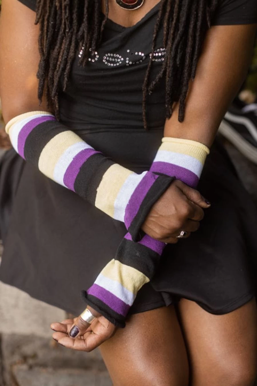 DreaM Stockings Pride Stripes Arm Warmers - LGBTQ+ Rainbow Striped Knitted Sleeves for Cosplay & Fashion