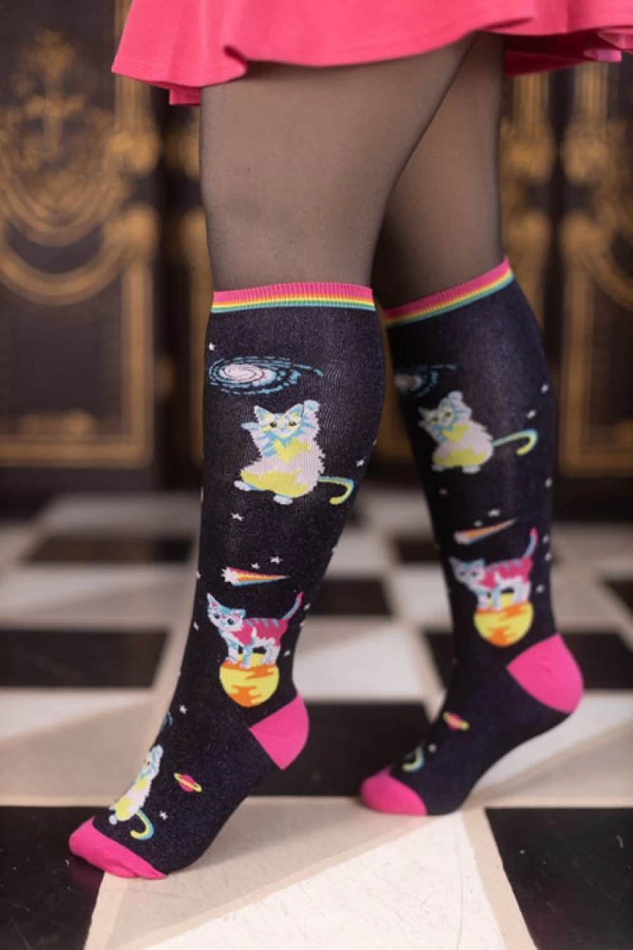 "Sock It To Me Space Cats Knee High Socks - Fun Stretchable Novelty Socks"