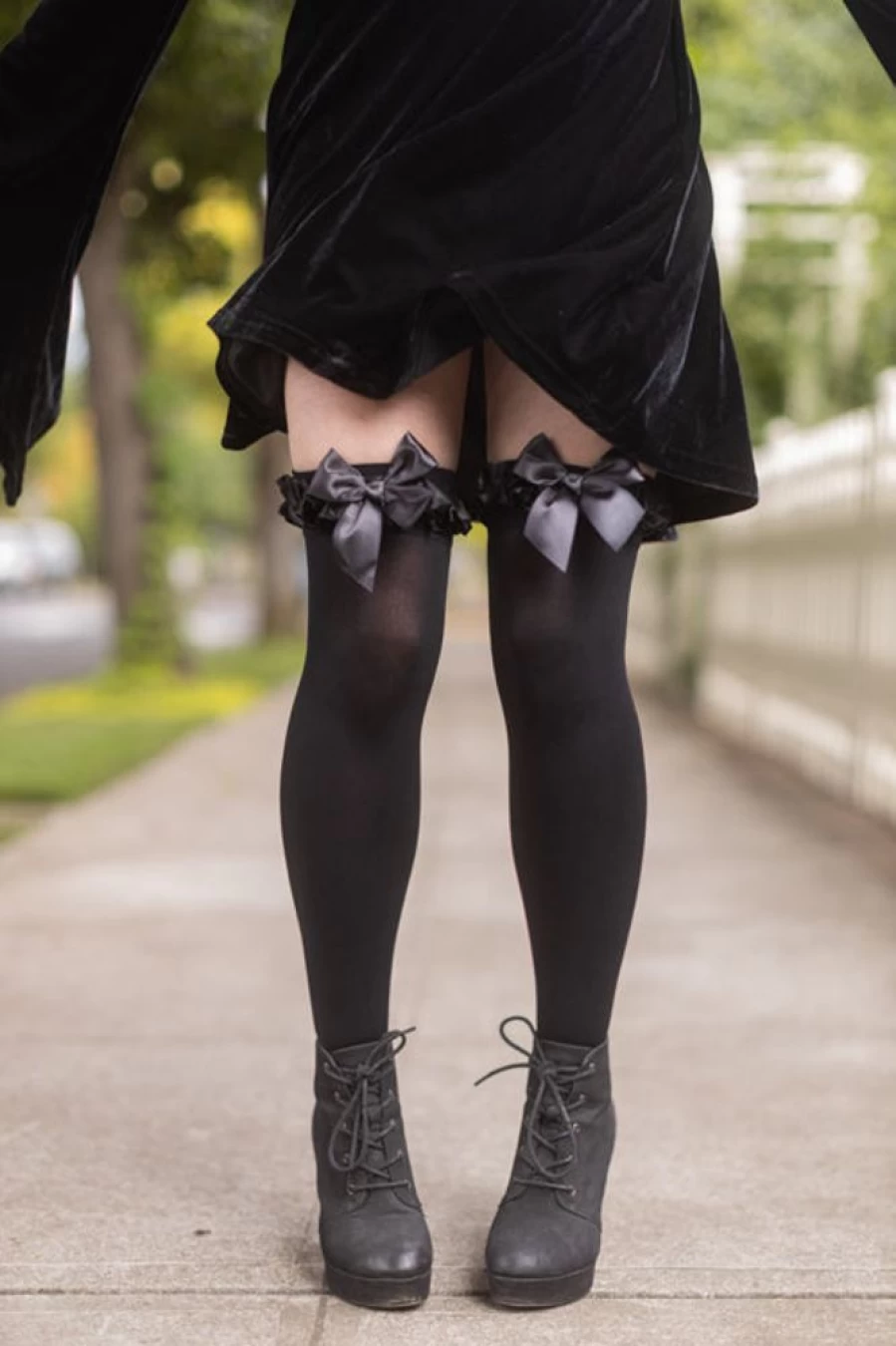 Leg Avenue Satin Thigh High Socks with Ruffle Trim & Bow - Opaque Stockings for Women