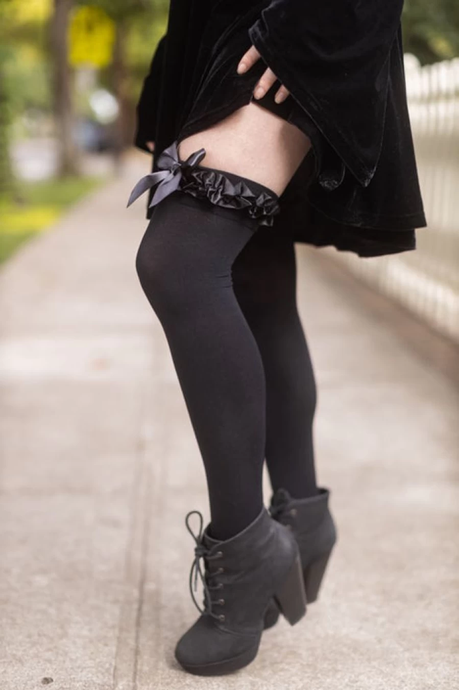 Leg Avenue Satin Thigh High Socks with Ruffle Trim & Bow - Opaque Stockings for Women