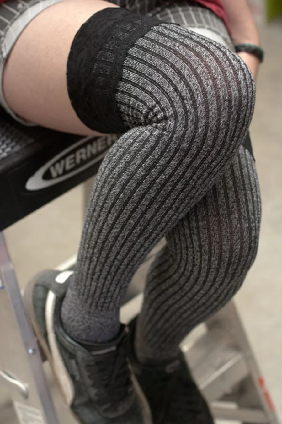 Leg Avenue Ribbed Knit Slouchy OTK Socks with Lace Trim - Marled Textured Thigh High Stockings