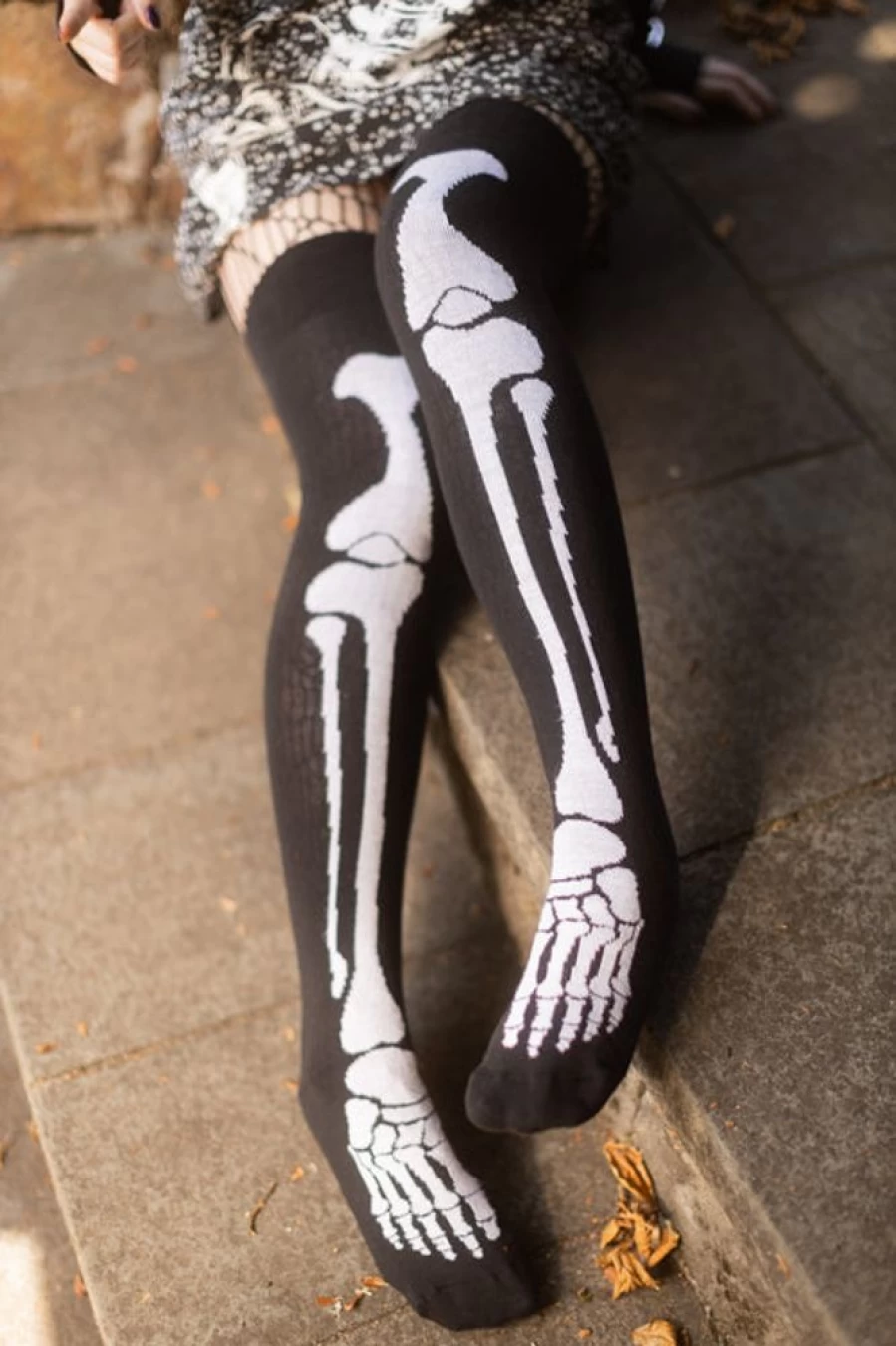 "Dreamer Socks Skeleton Print Thigh High Stockings - Gothic Halloween Fashion"