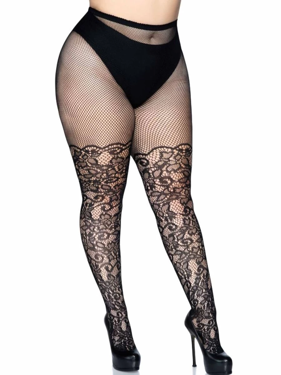 Leg Avenue Plus Size Floral Lace Fishnet Tights for Women - Stretchy Vintage Patterned Stockings