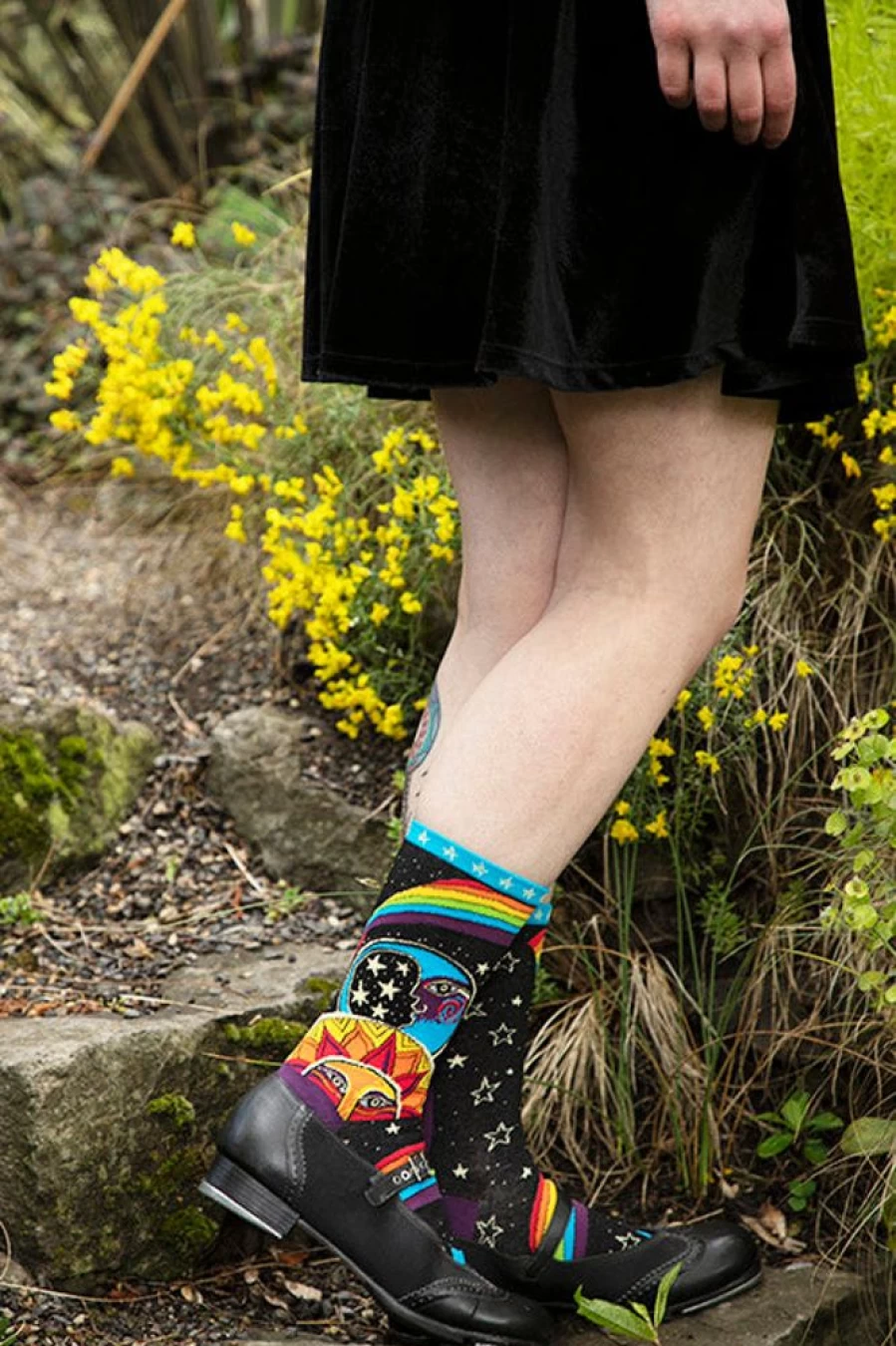 Socksmith Laurel Burch Celestial Joy Crew Socks - Colorful Cat & Star Pattern