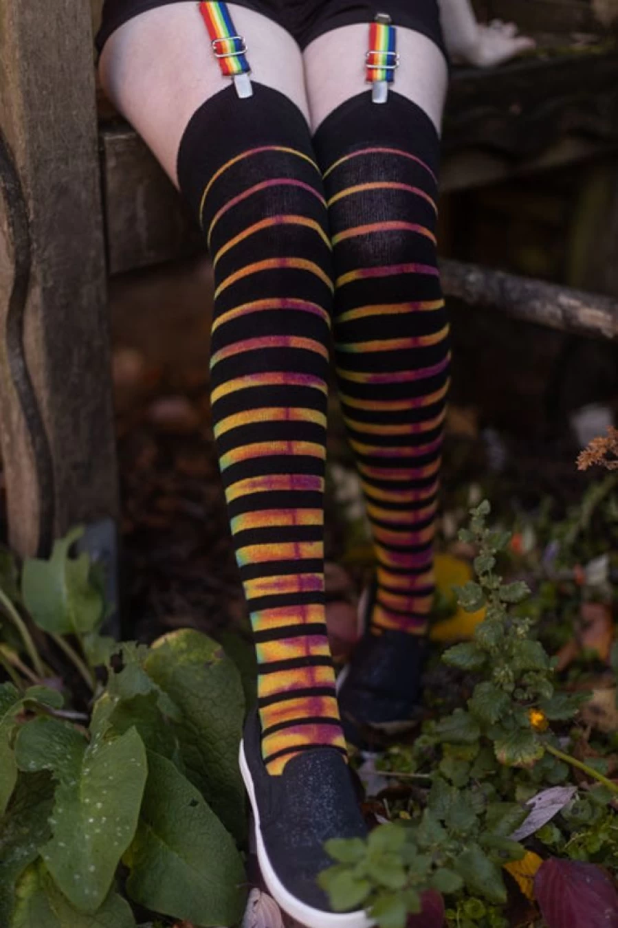"Love Lite Precision Tie Dye Thigh High Socks - Vibrant Gradient Stripes & Unique Hand-Dyed Design"