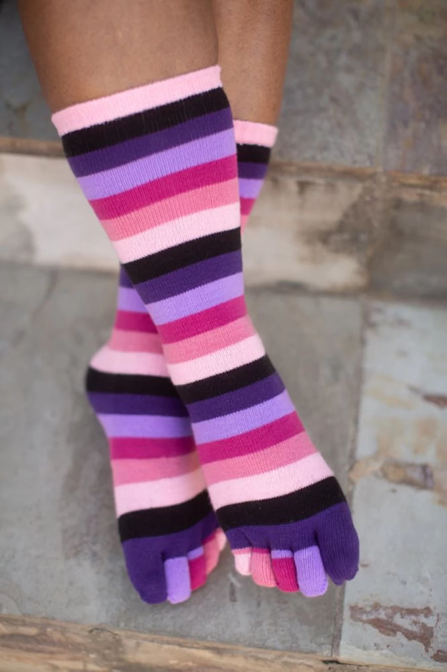 Foot Traffic Pink Rainbow Striped Toe Socks for Women - Colorful Comfort & Breathable Design