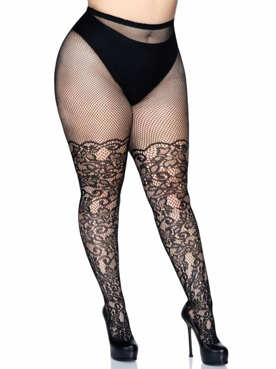 Leg Avenue Plus Size Floral Lace Fishnet Tights for Women - Elegant Vine Pattern Stretchable Net Stockings