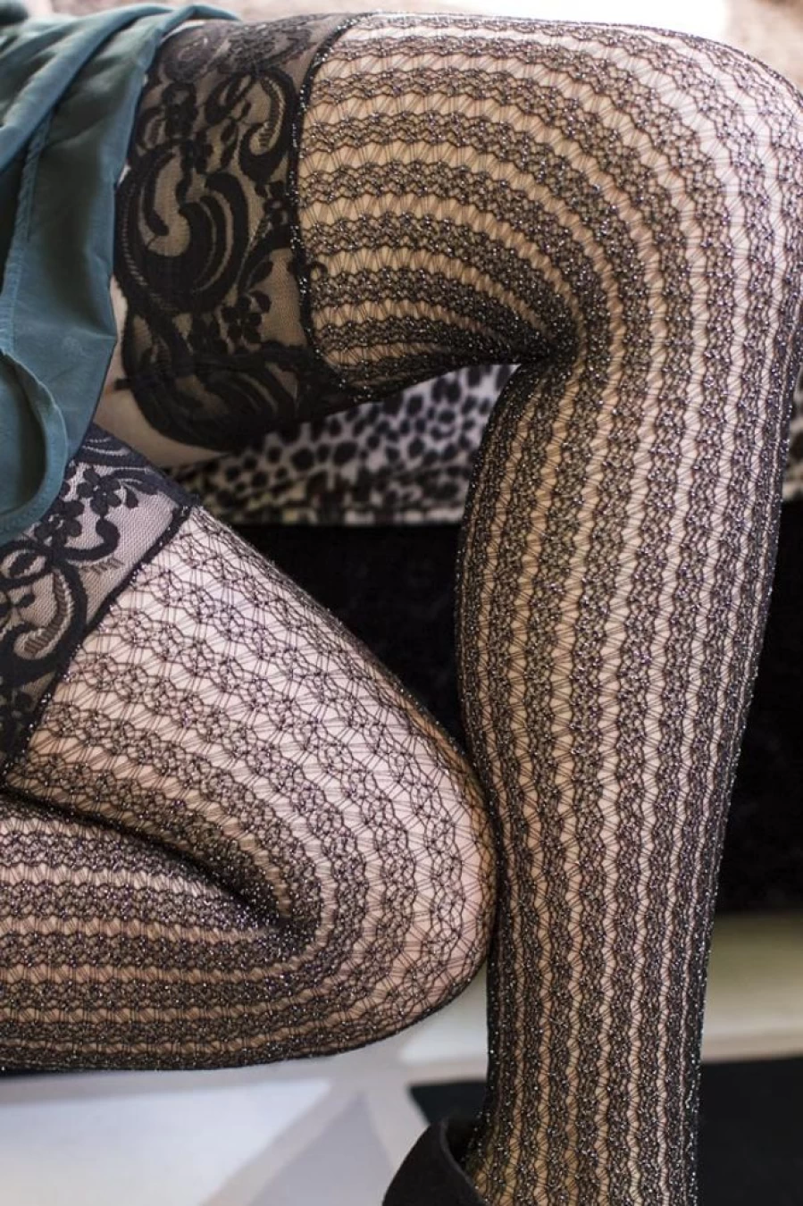 Leg Avenue Lurex Cable Net Thigh High Stockings with Stay-Up Lace Top