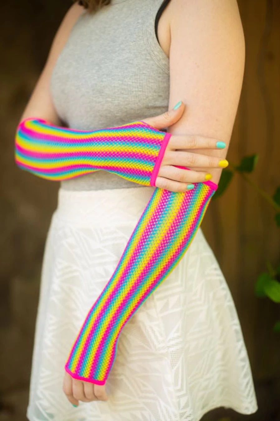 Leg Avenue Rainbow Fishnet Arm Warmers - Sexy Gothic Gloves for Women, Stretchy Mesh Long Sleeves, Fetish Costume Accessory, Burlesque Dancewear