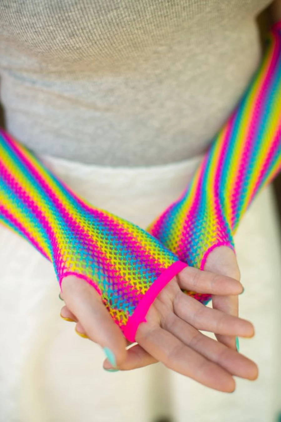 Leg Avenue Rainbow Fishnet Arm Warmers - Sexy Gothic Gloves for Women, Stretchy Mesh Long Sleeves, Fetish Costume Accessory, Burlesque Dancewear